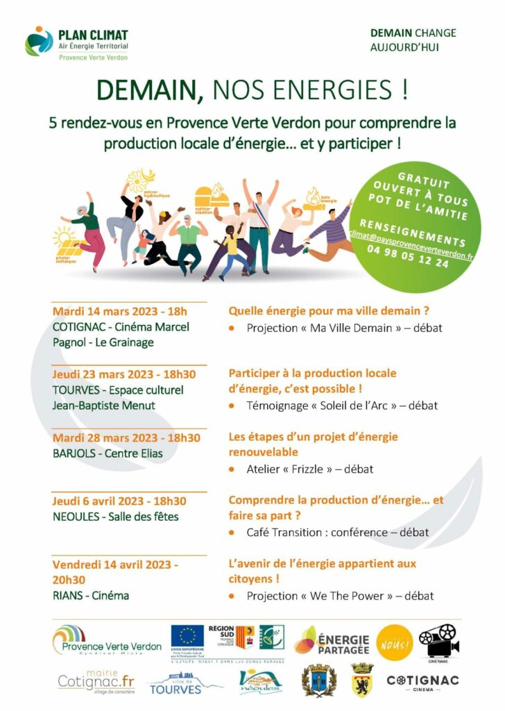 COLLECTIFS CITOYENS ET COMMUNAUTES D’ENERGIE RENOUVELABLE, 5 RENDEZ-VOUS EN PROVENCE VERTE VERDON POUR COMPRENDRE ET S’IMPLIQUER !